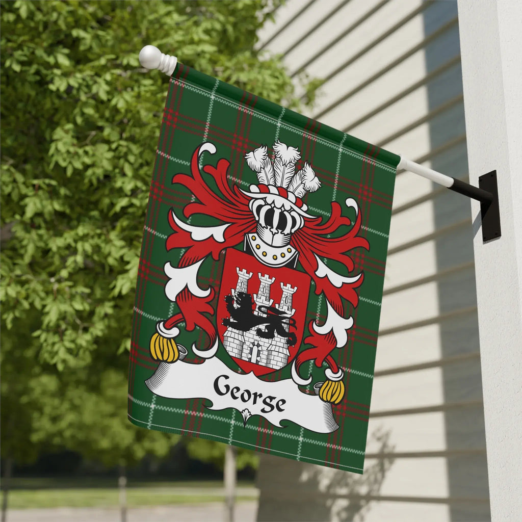 Green tartan flag with a family crest and the name George.