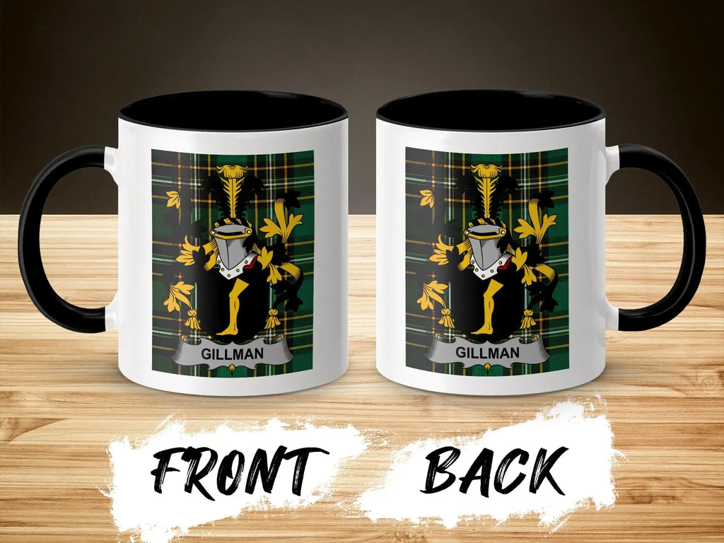 Mug with Gillman family crest on tartan pattern, front and back views.