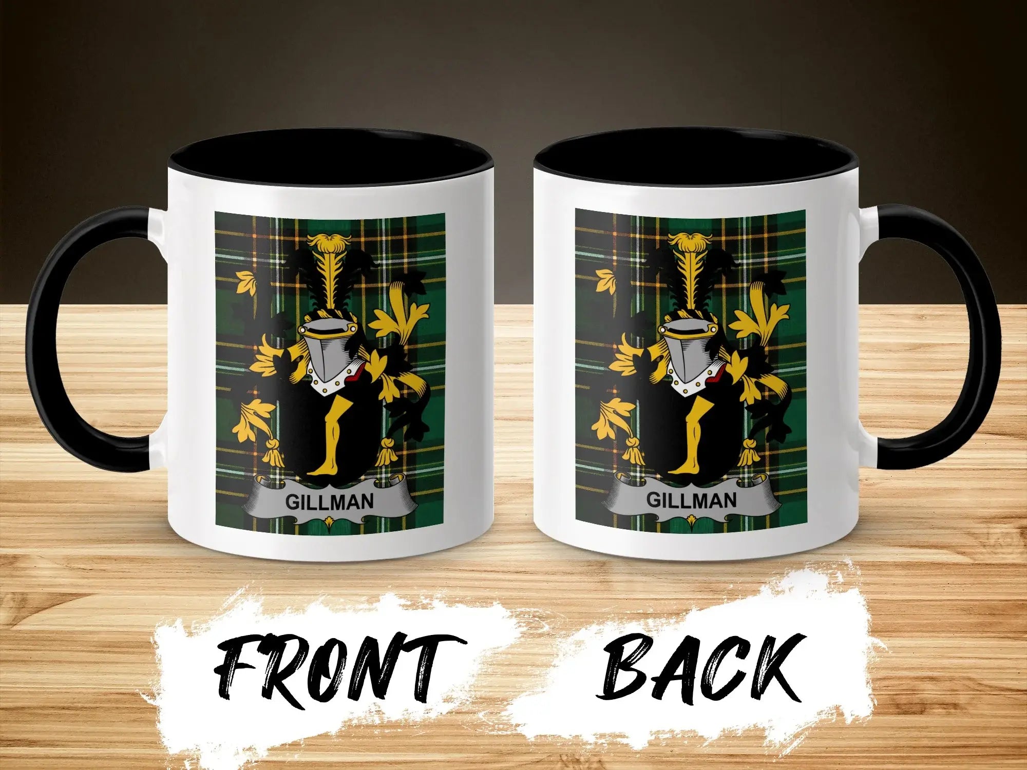 Mug with Gillman family crest on tartan pattern, front and back views.