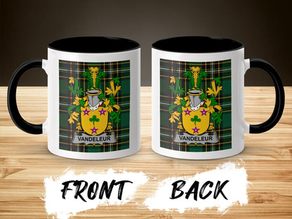 Vandeleur crest on plaid ceramic mug, front and back views.