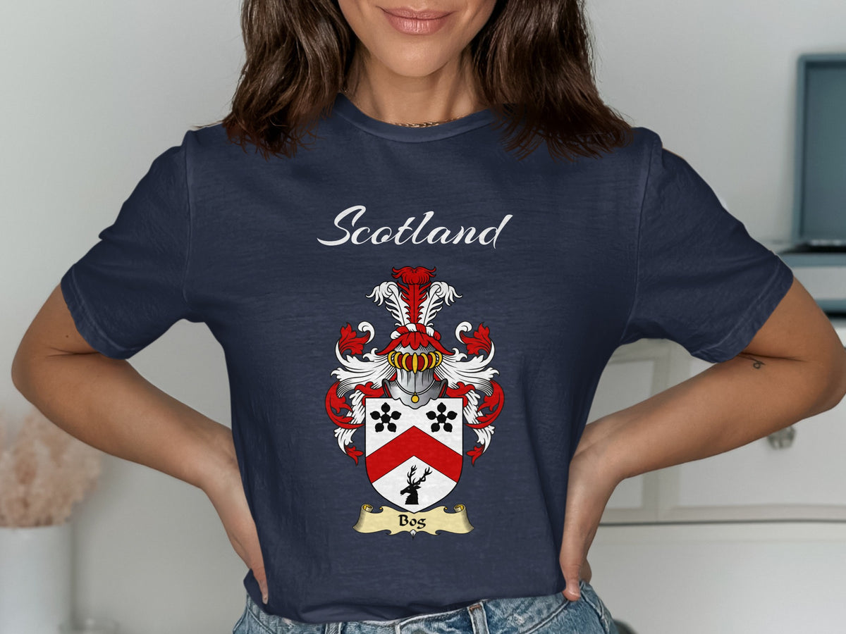 Bos Scottish family shield design on Navy T-shirt