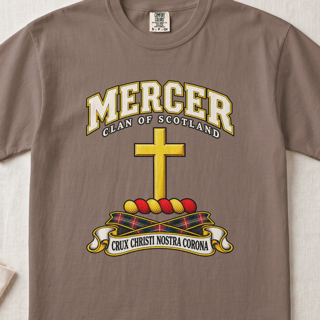 Mercer Scottish clan T-shirt in Espresso, front view with a golden cross and motto design.
