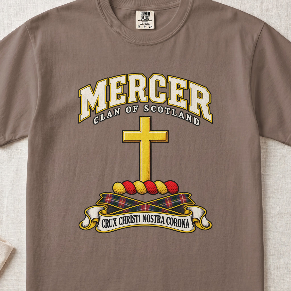 Mercer Scottish clan T-shirt in Espresso, front view with a golden cross and motto design.