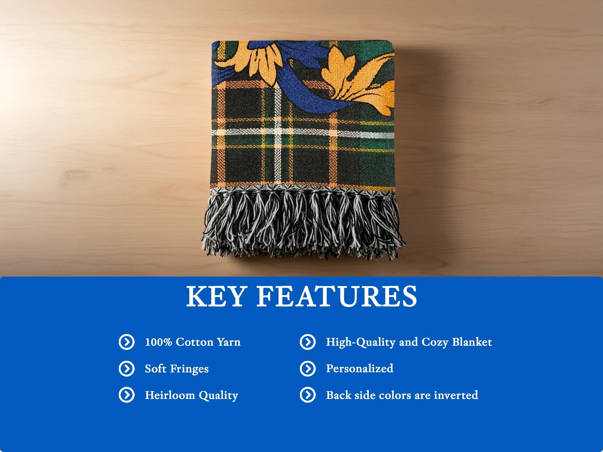 Green and blue plaid blanket with gold and blue accents, fringed edges.