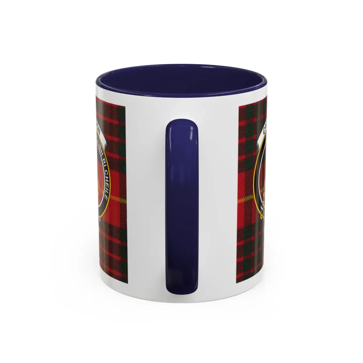 Cameron Aonaibh Ri Chéile tartan mug — Scottish clan crest on glossy 15oz ceramic, navy accent