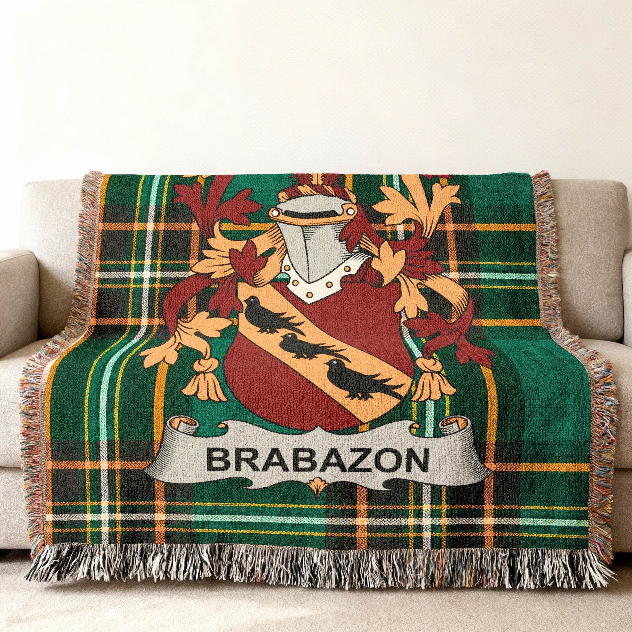 Brabazon Crest Tartan Plaid Green Fringe Throw Blanket product type