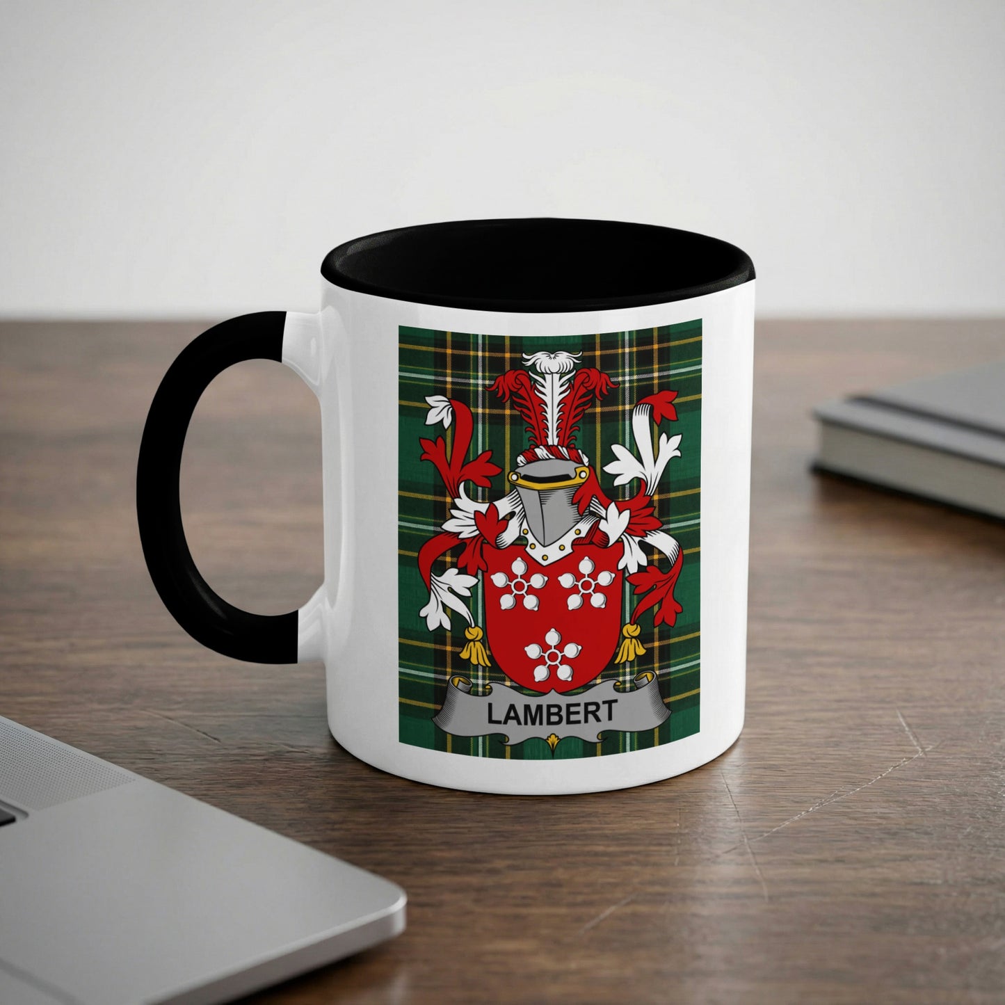 White mug with black handle featuring Lambert family crest on a plaid background.