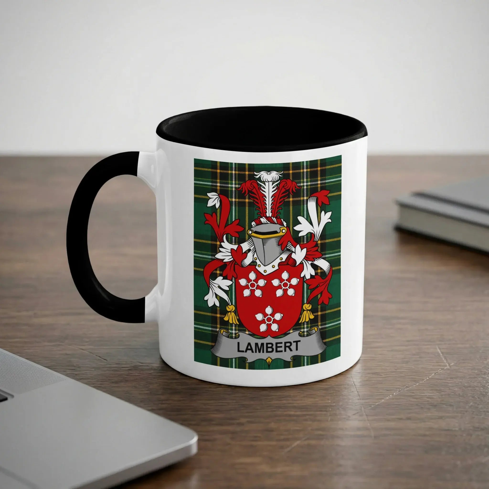 Lambert Irish heritage mug with black handle and family crest