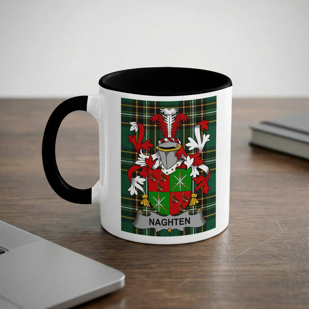 Naghten black accent mug with family crest on tartan background