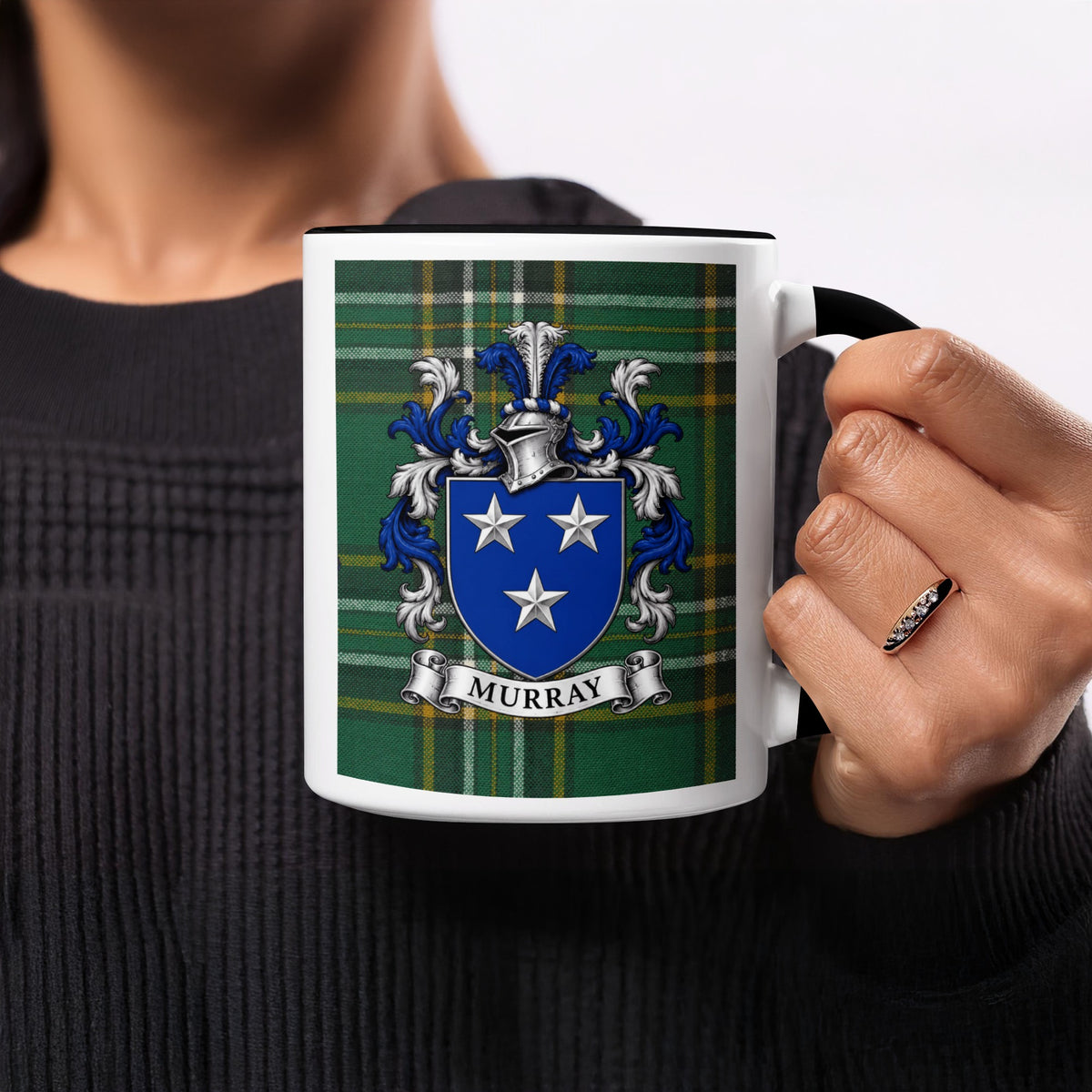 Murray family crest on Irish National Tartan 11 oz ceramic mug, close-up view