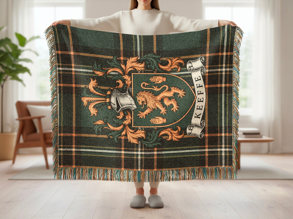 Keeffe Irish National Tartan woven blanket with family crest and fringed edges