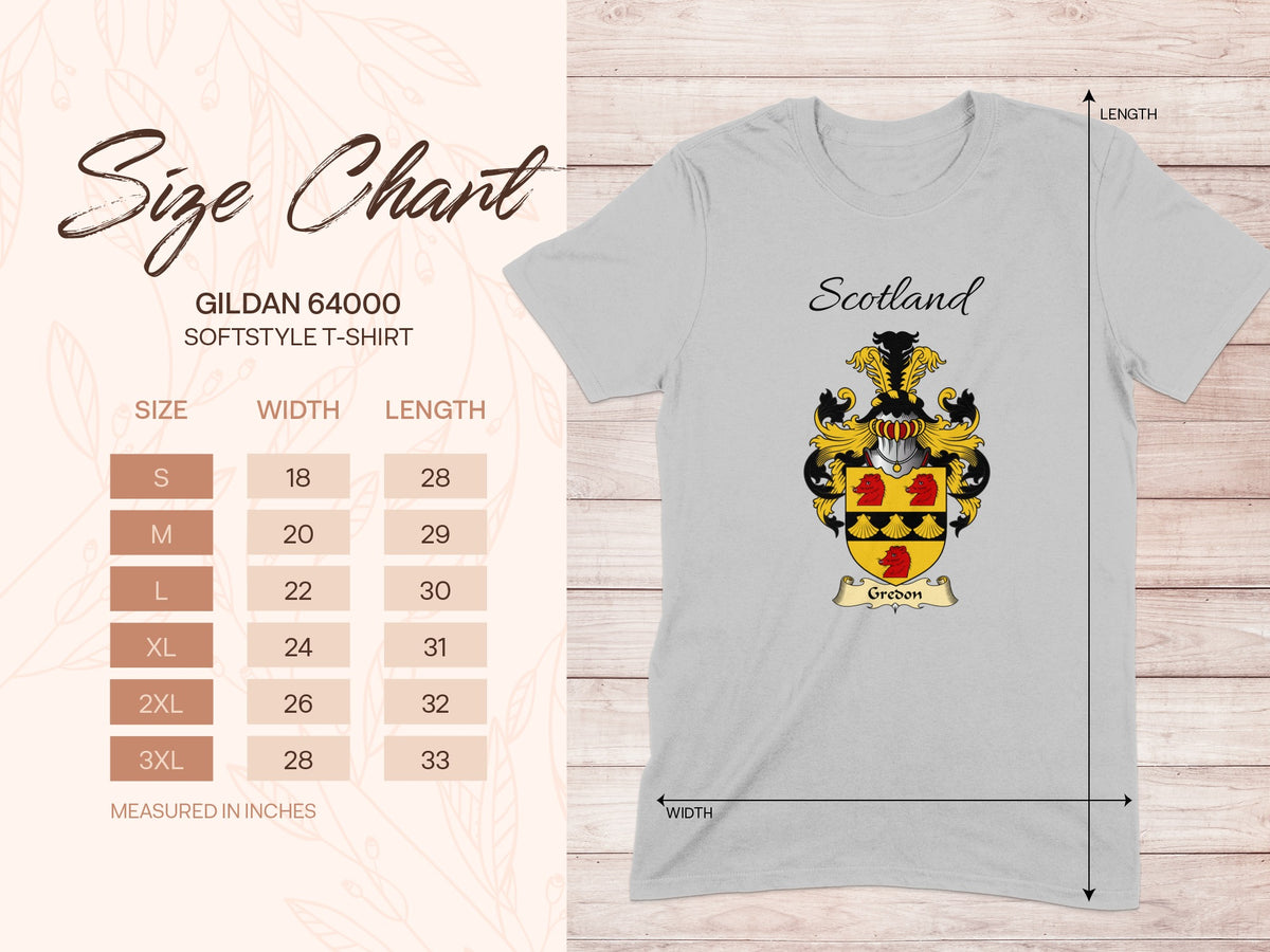 Gildan 64000 size chart for the Gredon unisex T-shirt, sizes S to 3XL