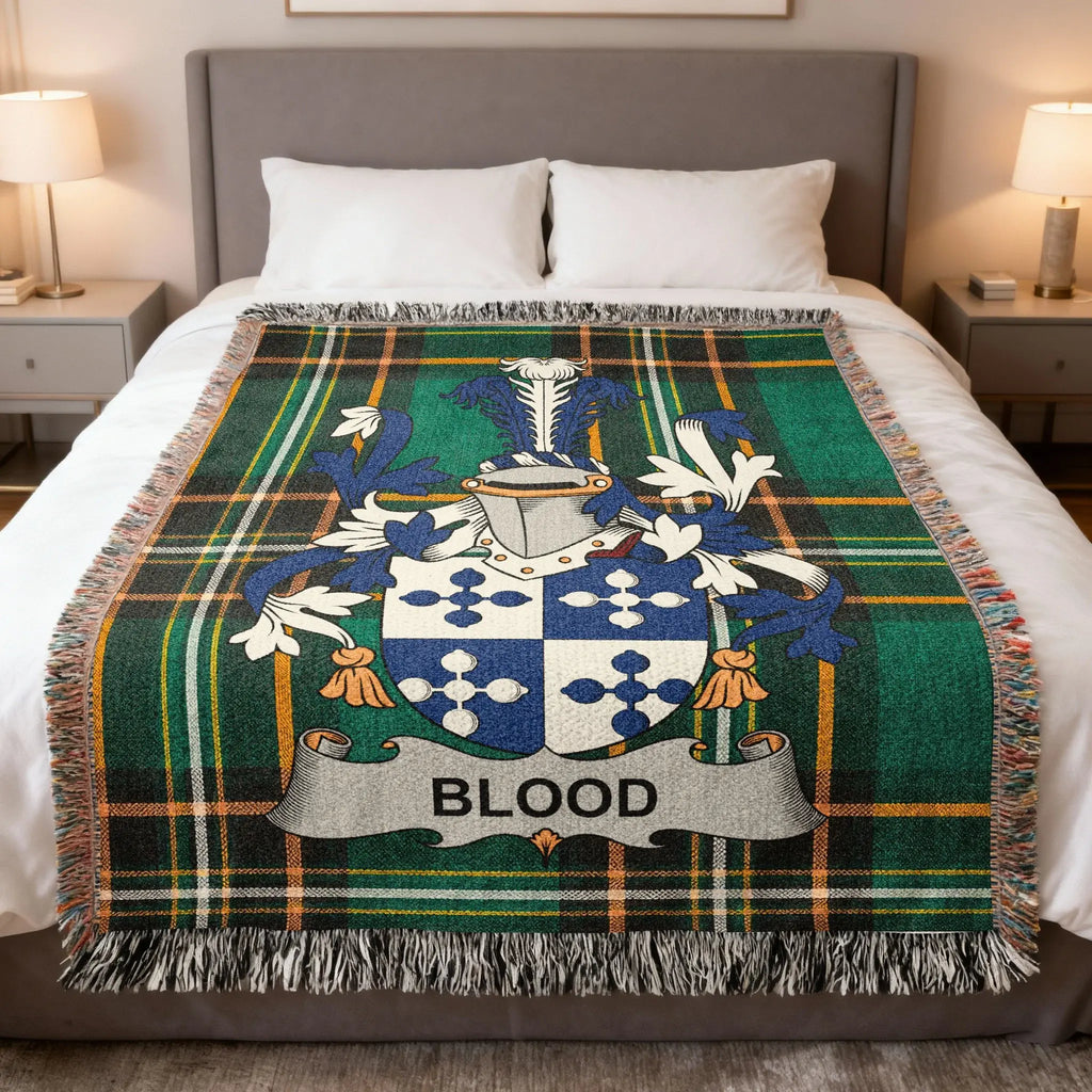 Blood Irish family crest woven blanket with Irish tartan design and fringed edges