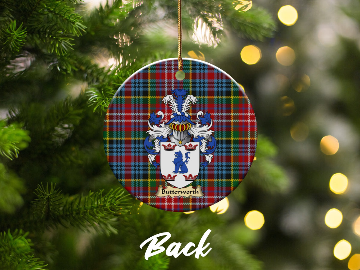 Double-sided Butterworth ceramic ornament with family shield and Caledonia tartan background