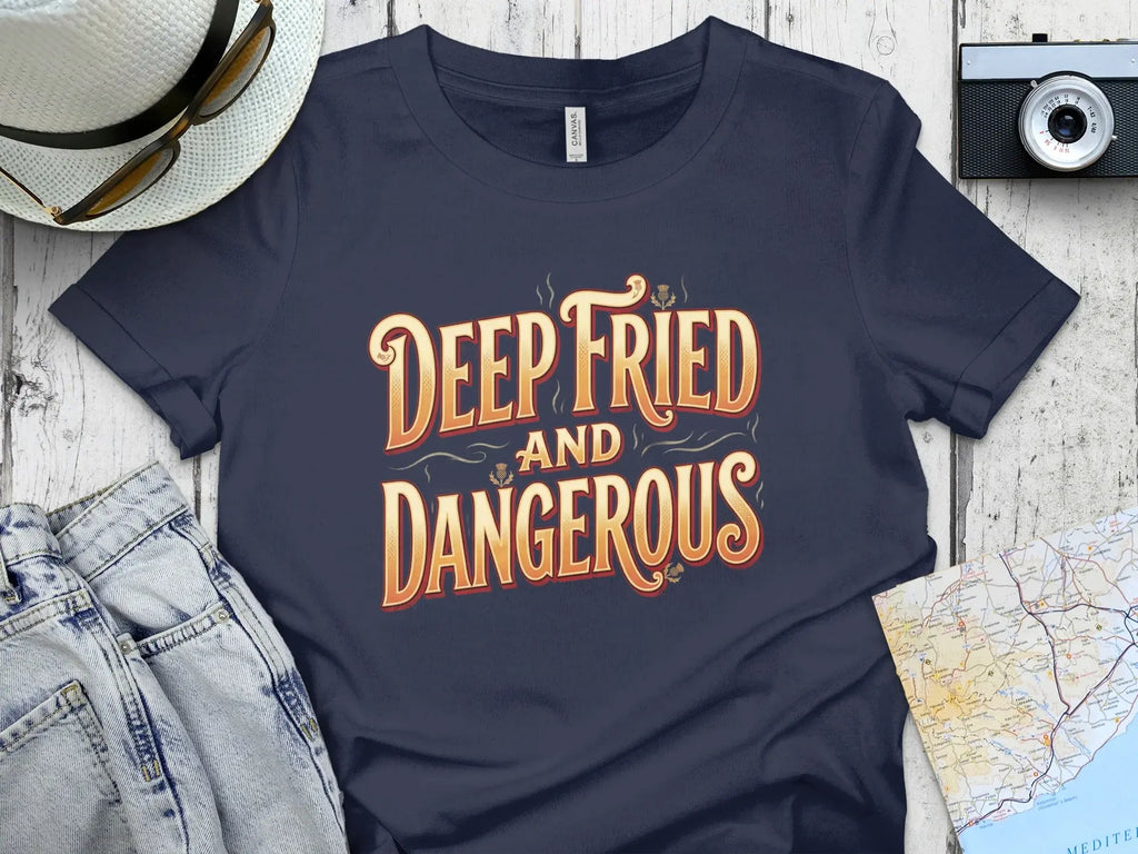 Navy t-shirt with "Deep Fried and Dangerous" text and map in background.