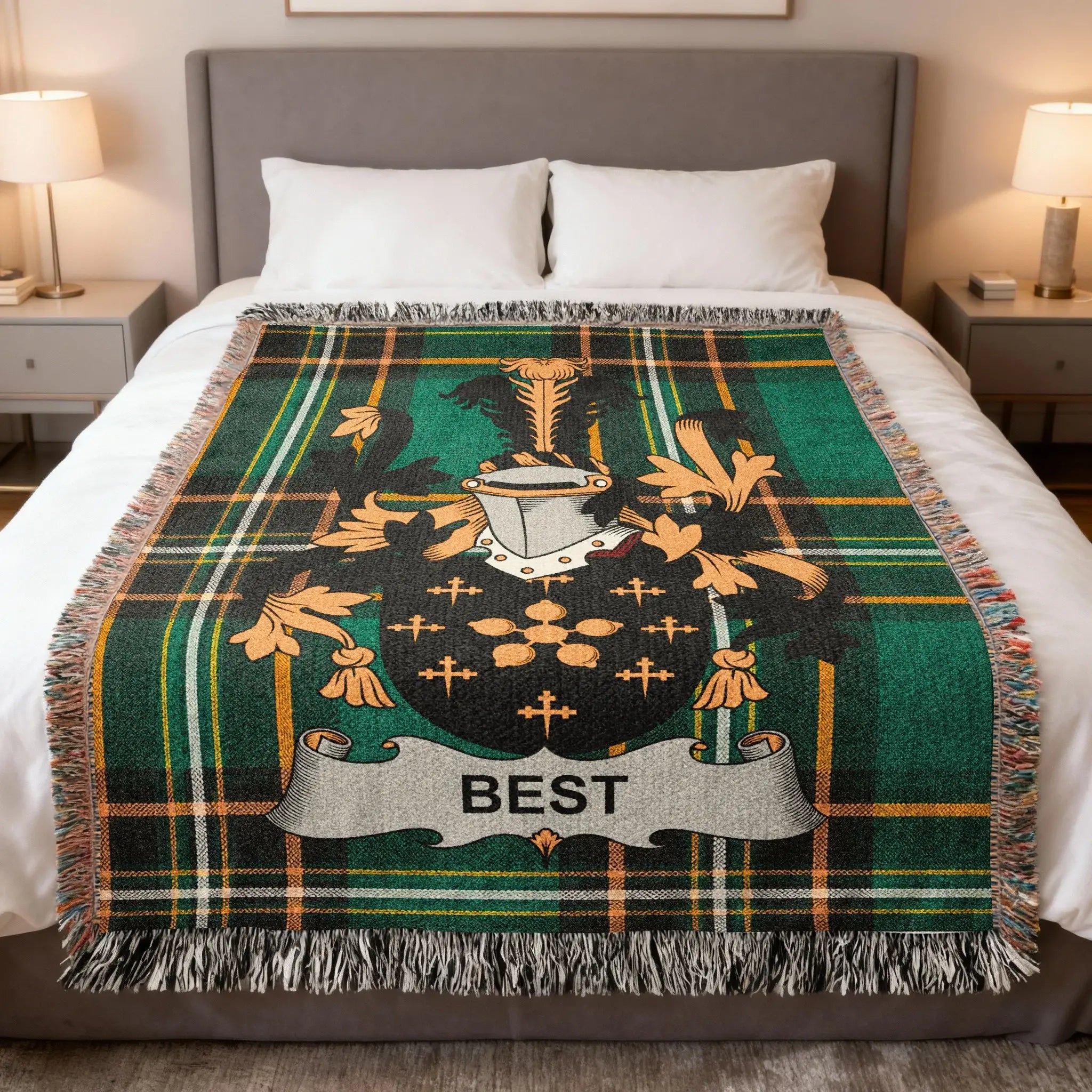Best Irish family crest woven blanket with Irish tartan design and fringed edges