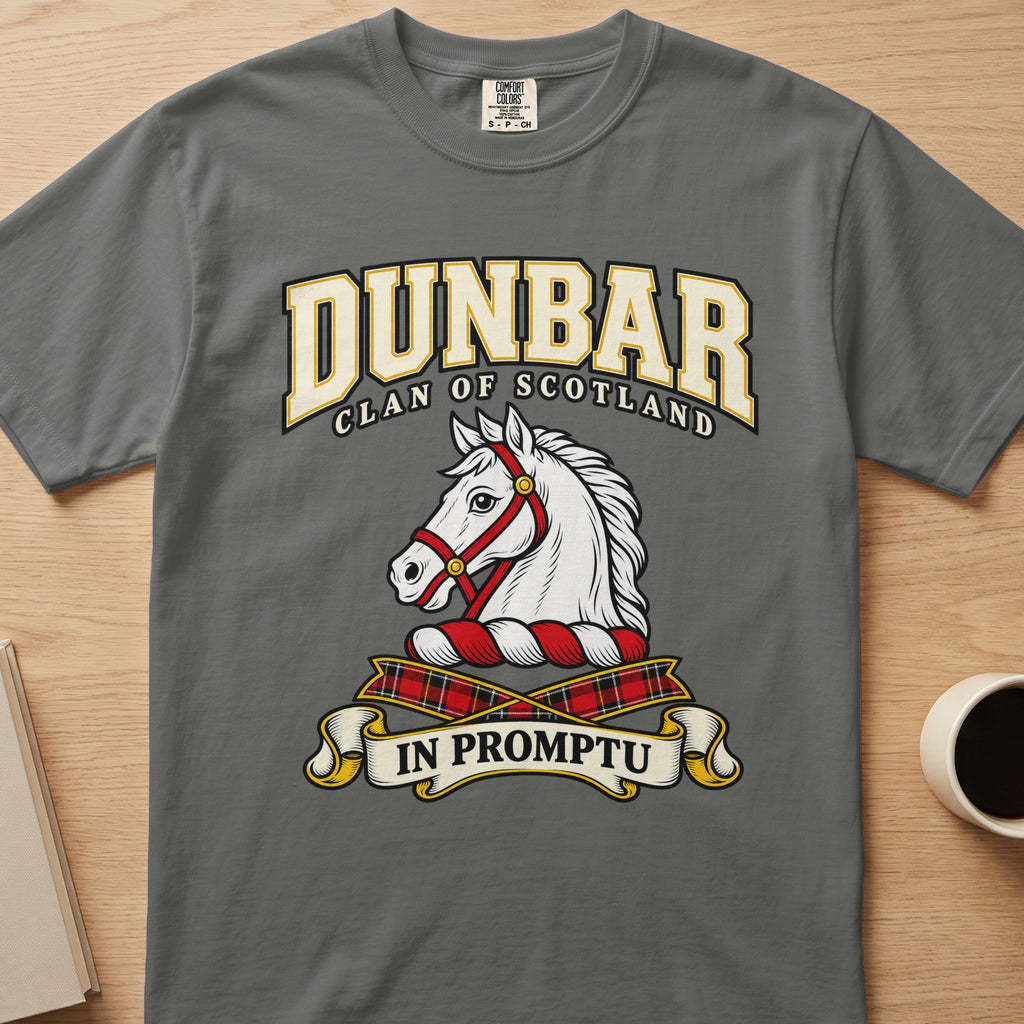 Dunbar clan crest with white horse head on a gray Comfort Colors T-shirt, front view