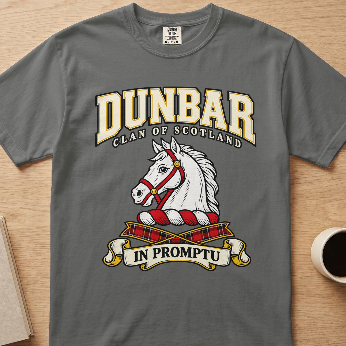 Dunbar clan crest with white horse head on a gray Comfort Colors T-shirt, front view