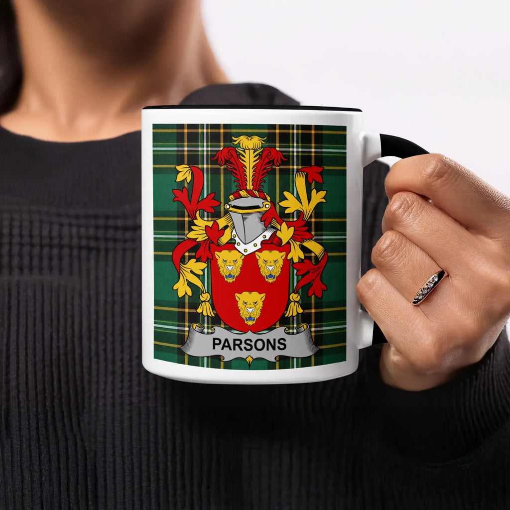 Parsons black accent mug with Irish National Tartan crest design