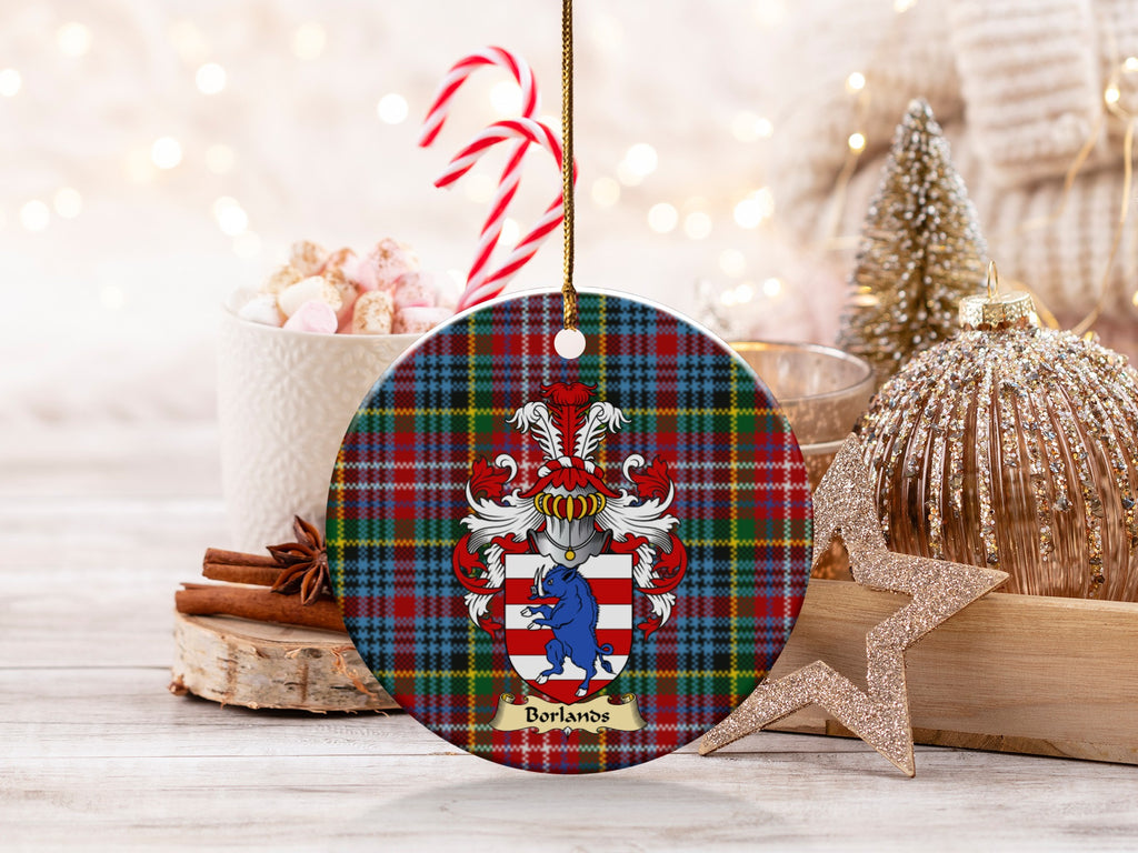 Borlands family emblem ceramic Christmas ornament with Caledonia tartan background in festive holiday décor
