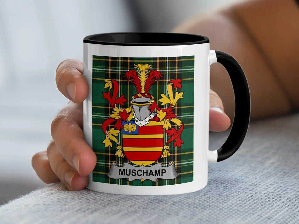 Muschamp Irish family crest black accent mug