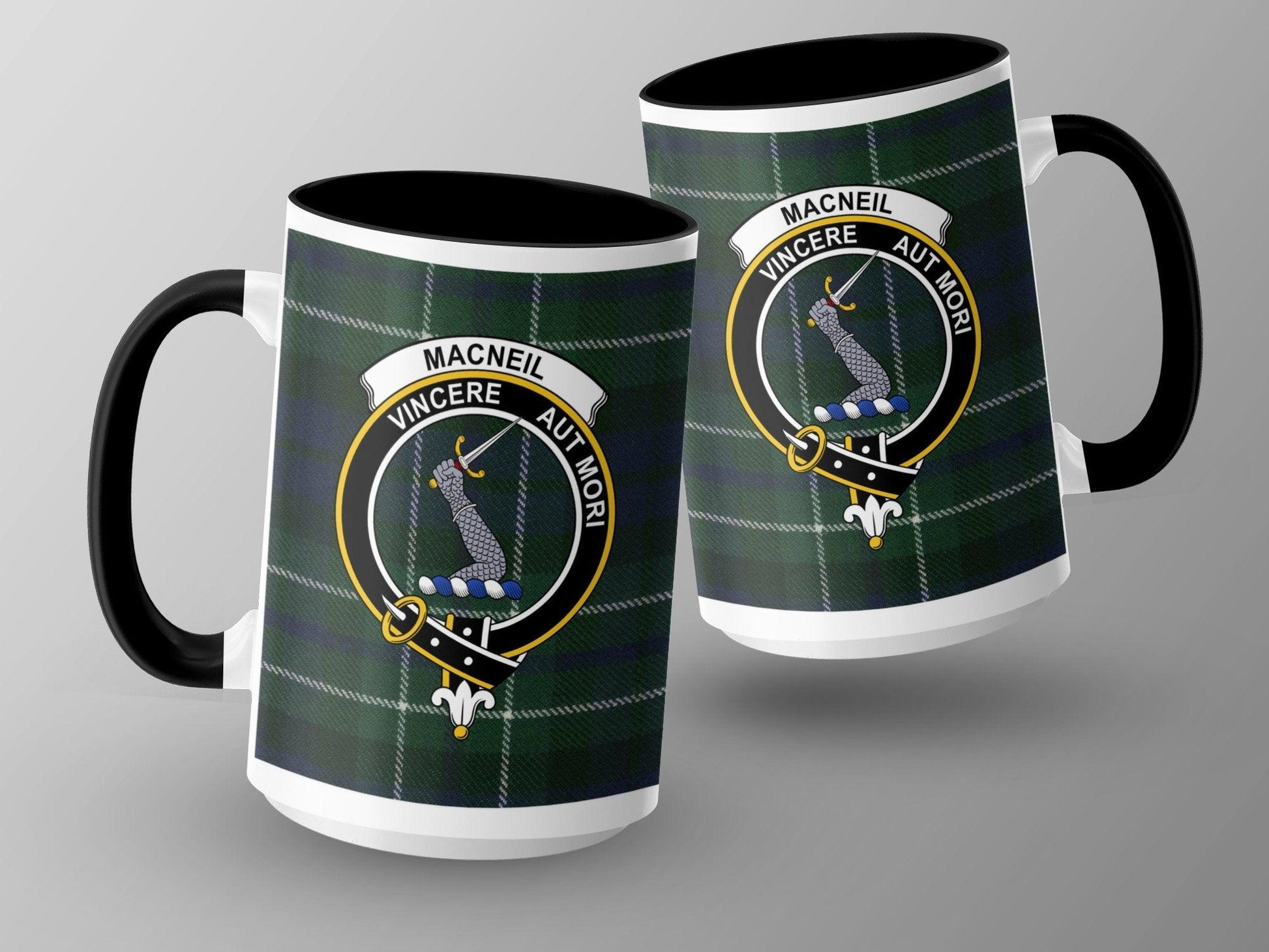 MacNeil Clan Crest with Tartan Background Mug - Living Stone Gifts