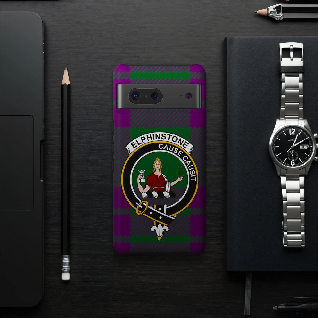Elphinstone clan crest phone case — precise port cutouts, wrap print, Google Pixel model