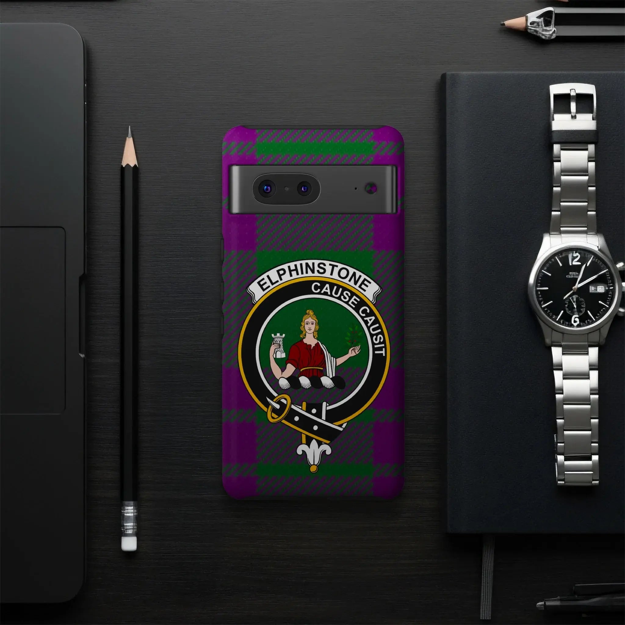Elphinstone clan crest phone case — precise port cutouts, wrap print, Google Pixel model