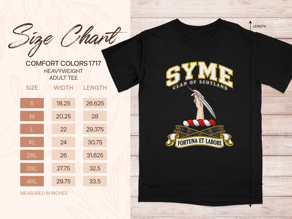 Comfort Colors 1717 size chart for the Syme Scottish clan T-shirt, adult sizes S–4XL.