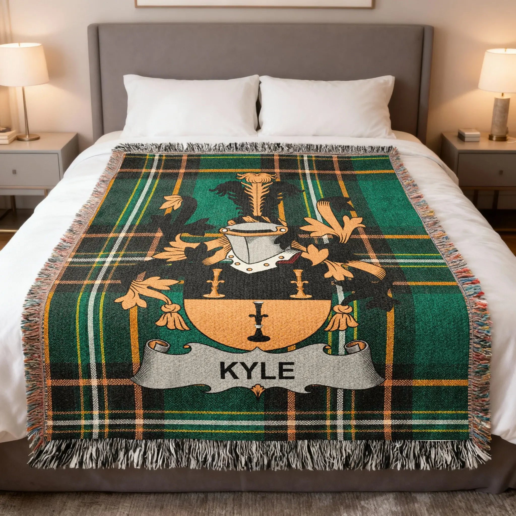 Tartan throw blanket with Kyle family crest and shield.