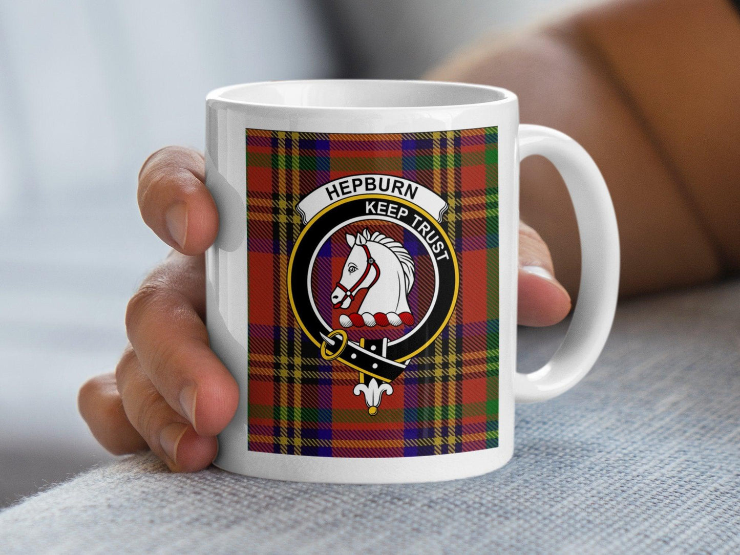 Hepburn Clan Crest Tartan Plaid Design Coffee Mug - Living Stone Gifts