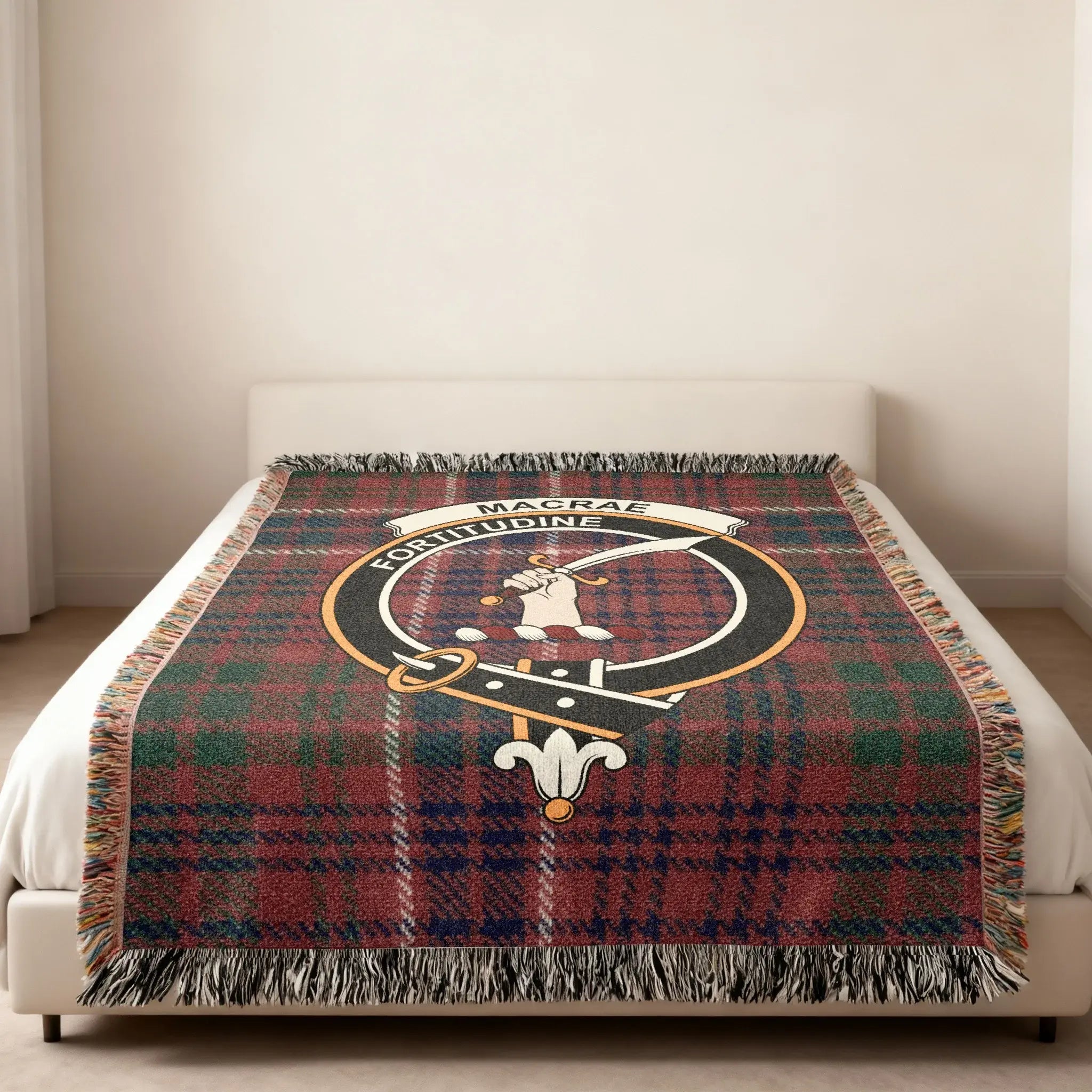 Clan MacRae Fortitudine woven blanket folded — 80x60 inch cotton tartan throw with crest detail