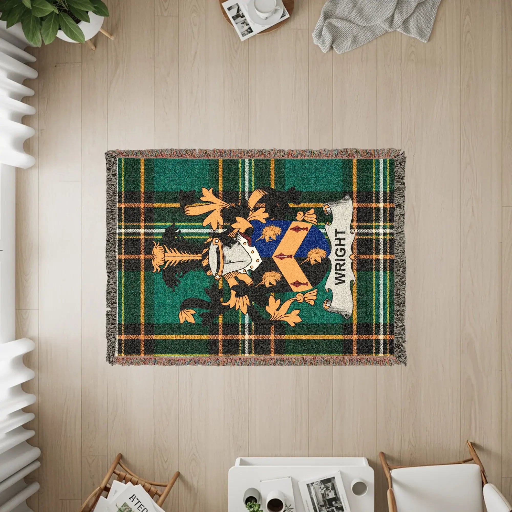 Wright tartan rug featuring a coat of arms with a shield and crown.