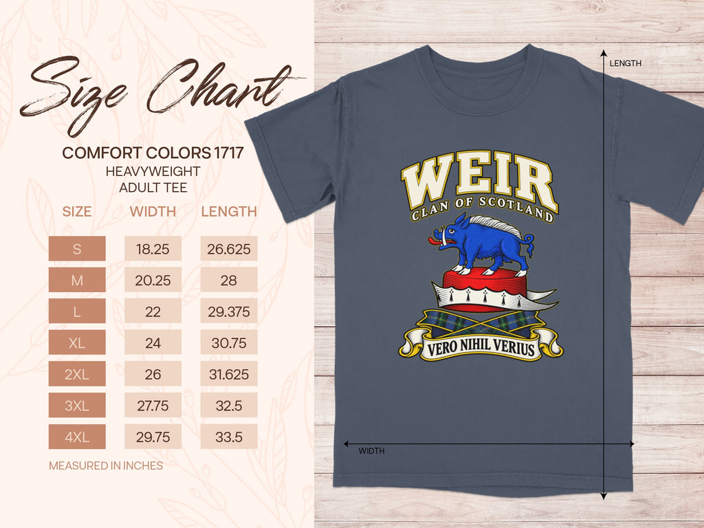 Comfort Colors 1717 size chart for the Weir Scottish clan T-shirt, adult sizes S–4XL.