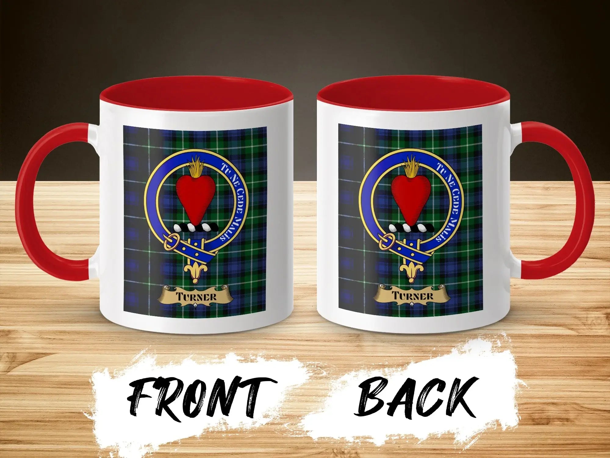 Turner tartan-background crest mug shown as a Scottish heritage gift