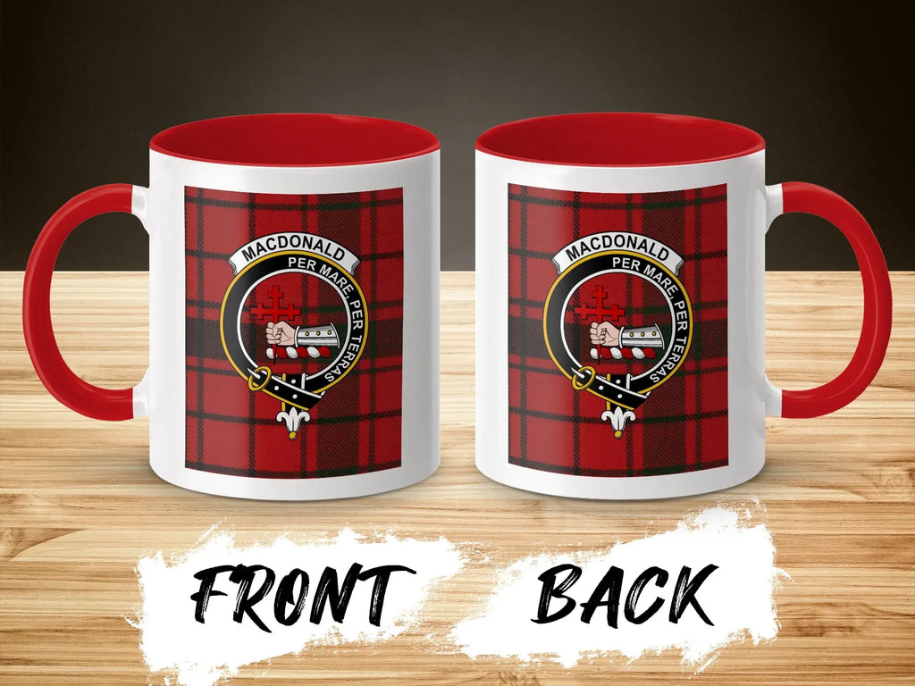 MacDonald Per Mare Per Terras tartan plaid mug — clan crest on 11oz glossy ceramic