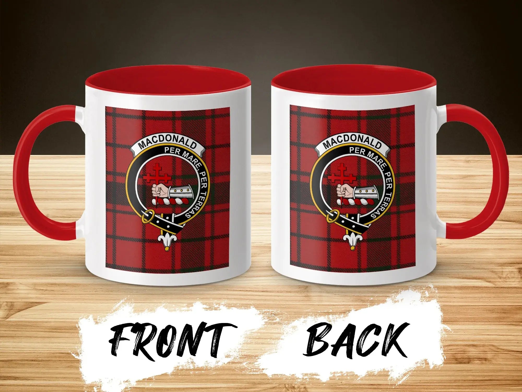 MacDonald Per Mare Per Terras tartan plaid mug — clan crest on 11oz glossy ceramic