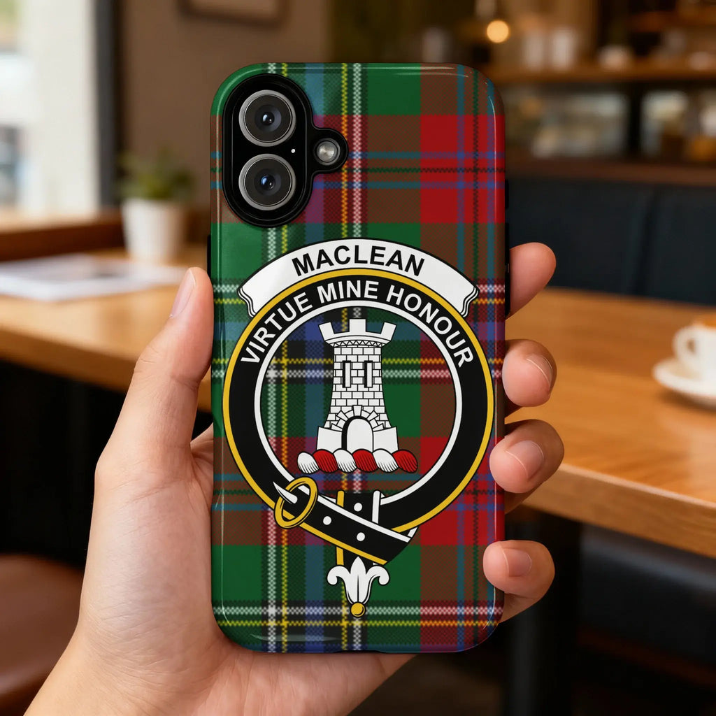 MacLean Virtue Mine Honour tartan pattern phone case — tower heraldic design visible