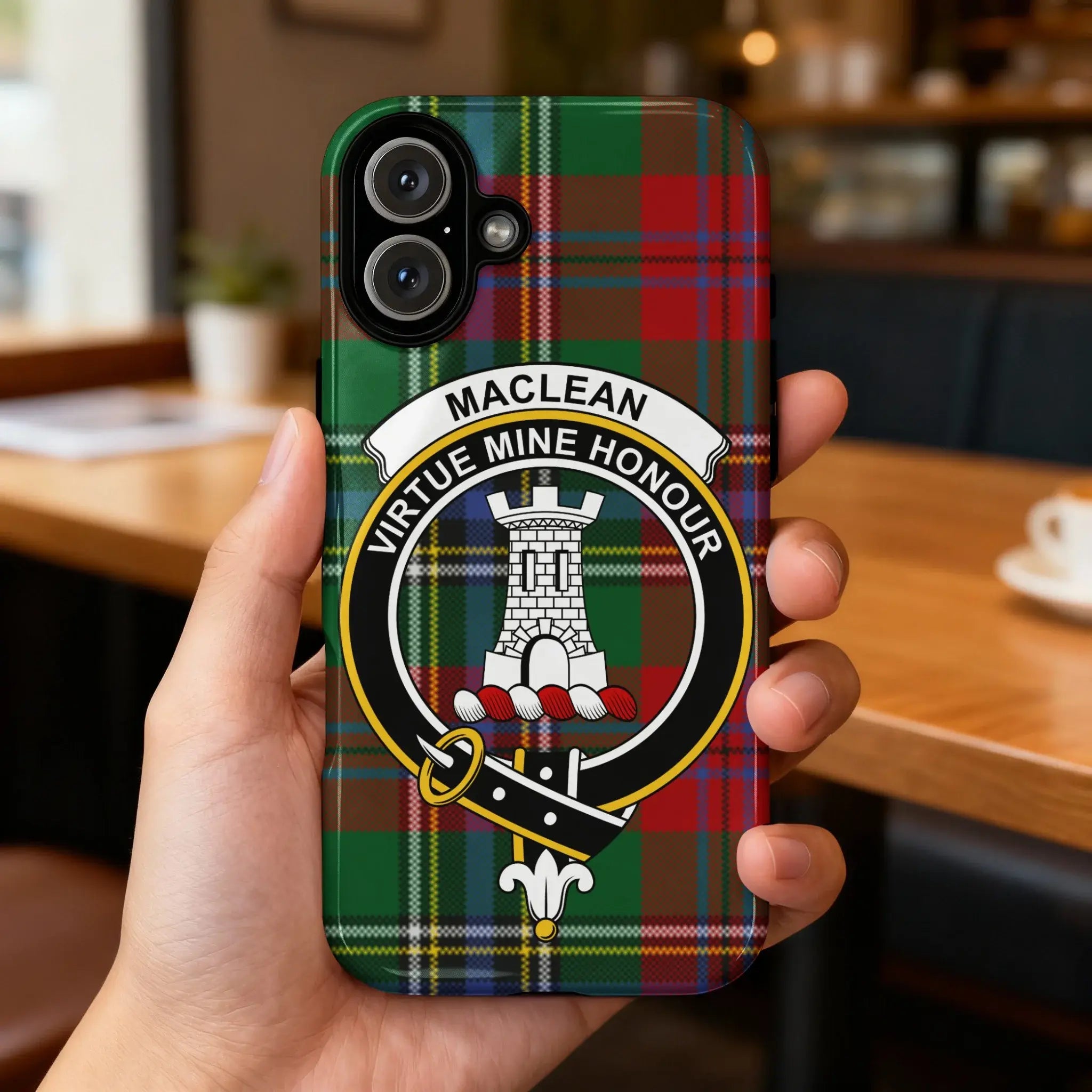 MacLean Virtue Mine Honour tartan pattern phone case — tower heraldic design visible