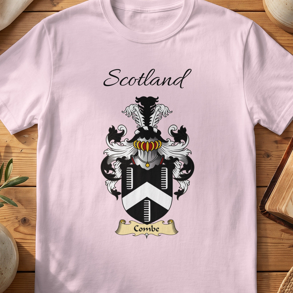 Light Pink Combe Scottish family shield T-shirt featuring a white chevron between ladder-like motifs on black