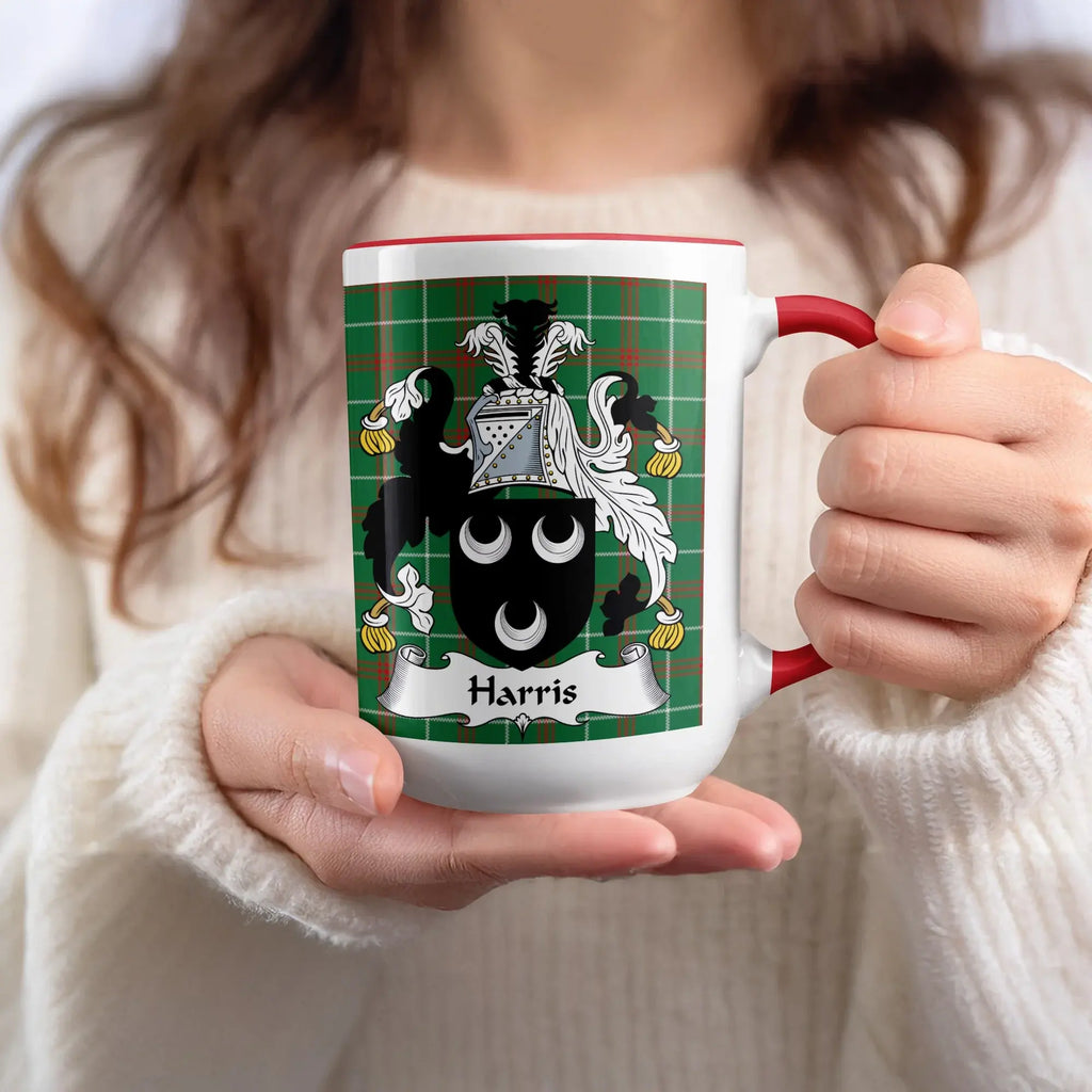 Harris Welsh family name mug with red handle and coat of arms on plaid background