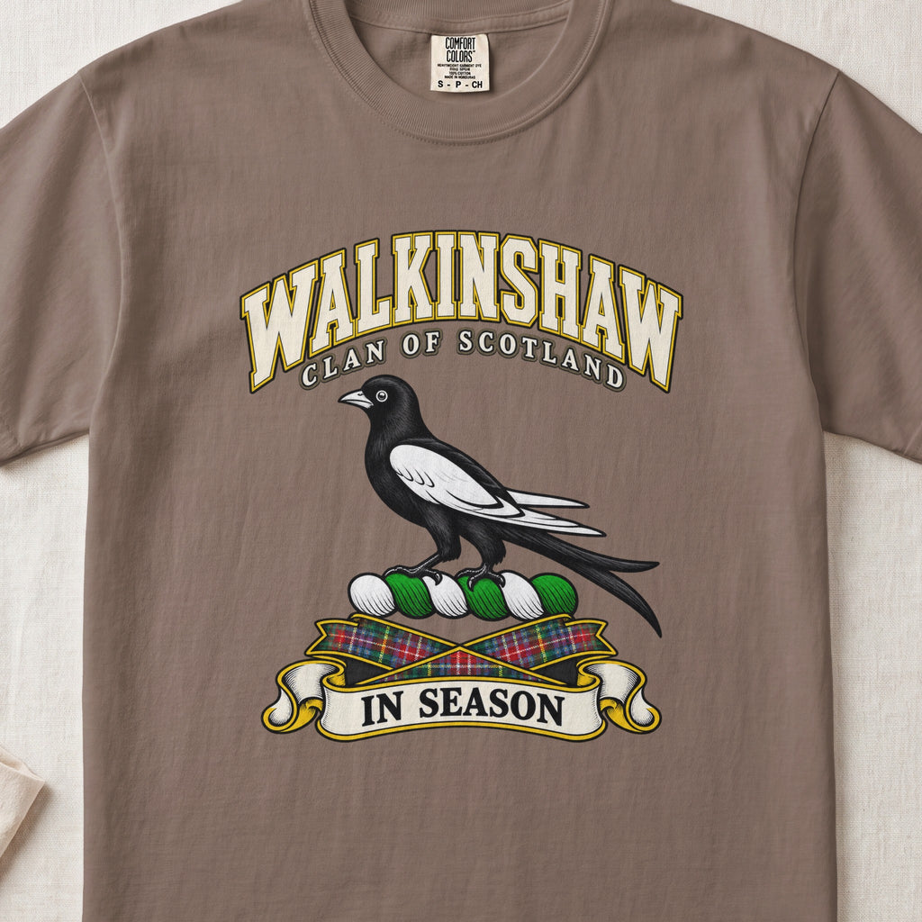 Walkinshaw Scottish clan T-shirt in Espresso, front view with a black and white magpie and motto design.