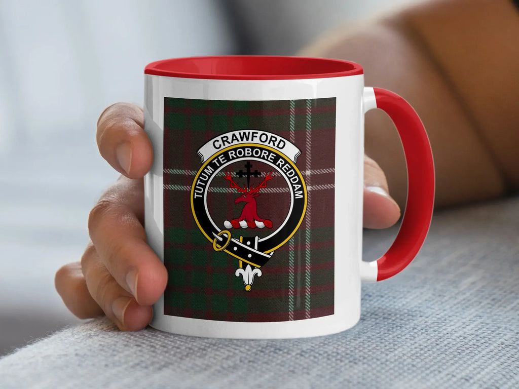 Crawford clan crest mug with tartan pattern — 11oz ceramic, Tutum te robore reddam motto