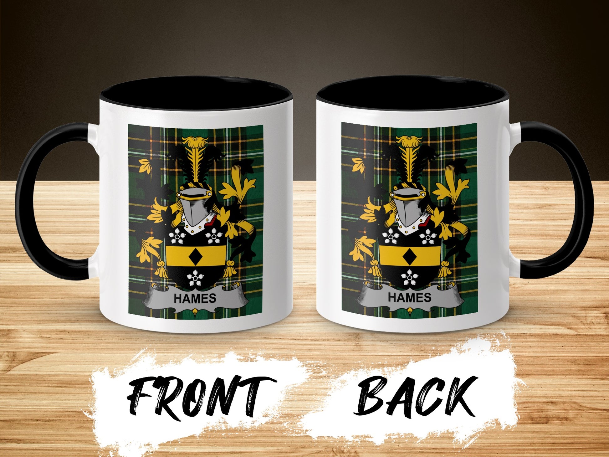 Two white ceramic mugs with black handles, each featuring a family crest with the name "Hames."
