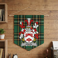 Foley family crest on green plaid pennant hanging on wood paneling.