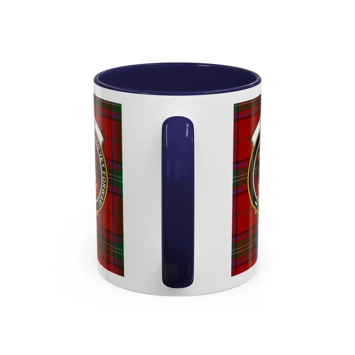 Clan Seton dragon crest tartan accent mug with navy handle — 15 oz ceramic Scottish heritage drinkware