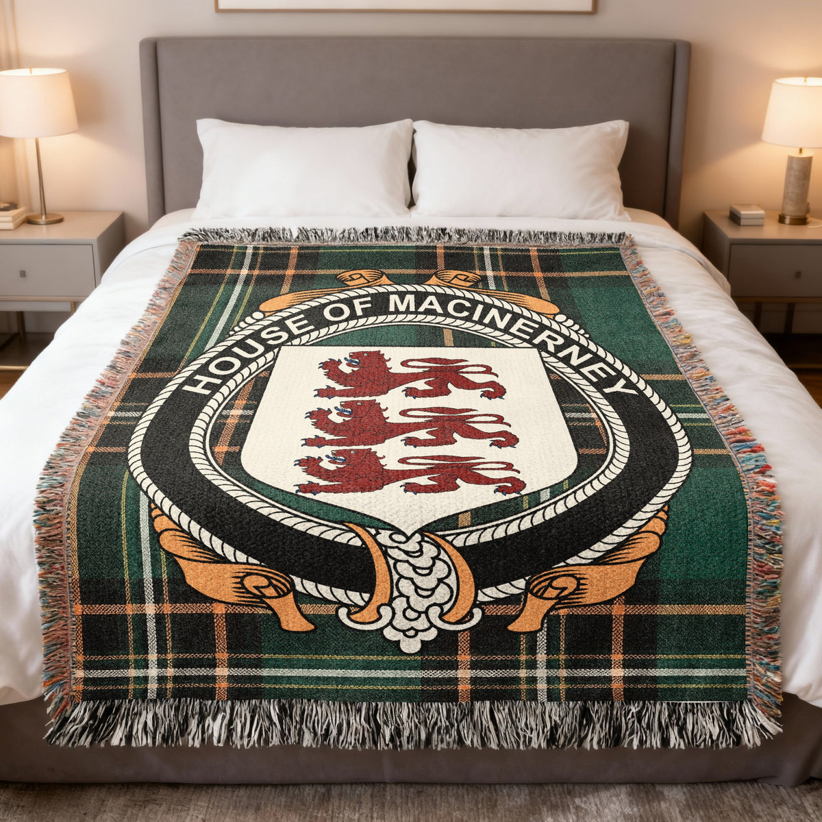 MacInerney Irish National Tartan woven blanket with family crest emblem