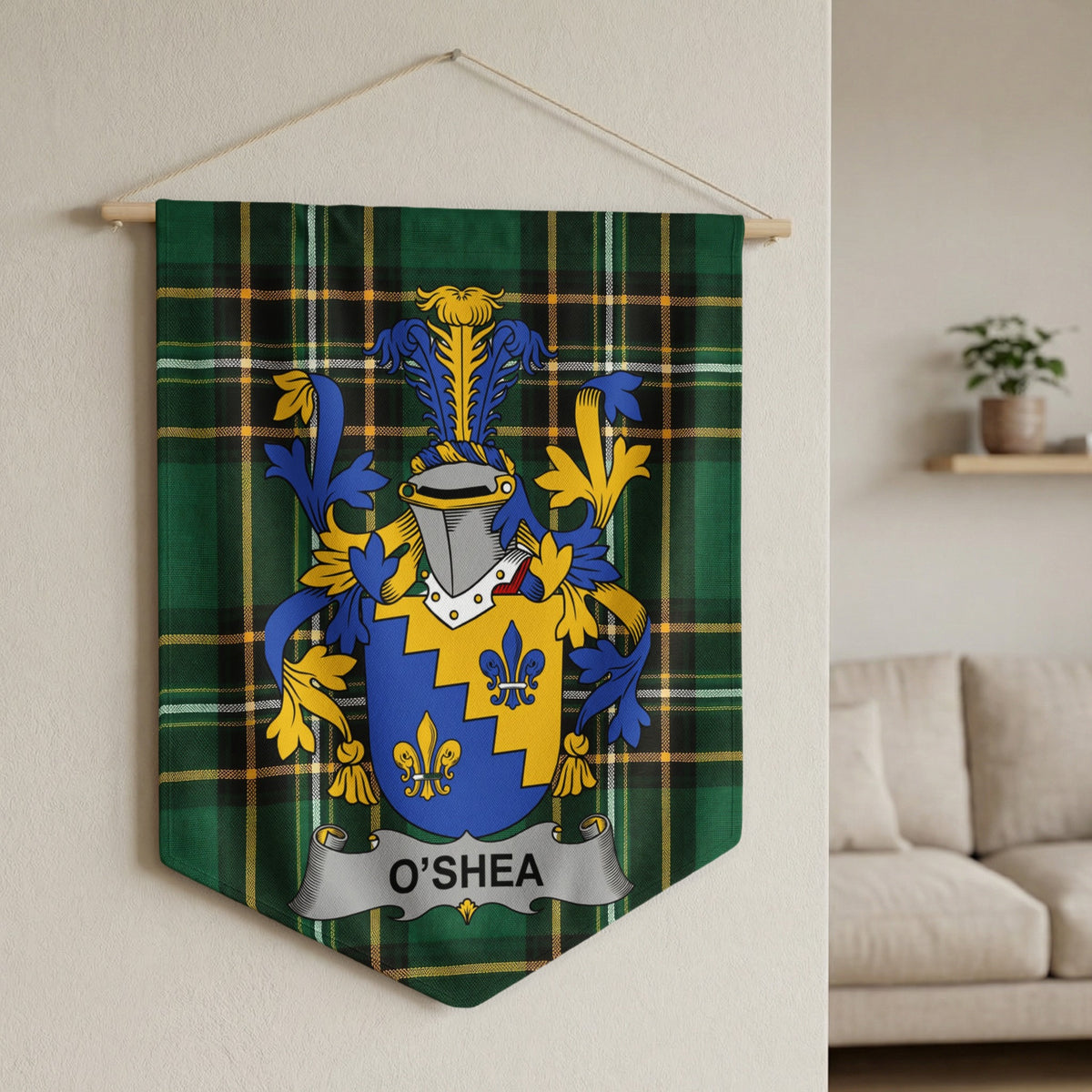 O'Shea green tartan wall pennant with wooden hanger