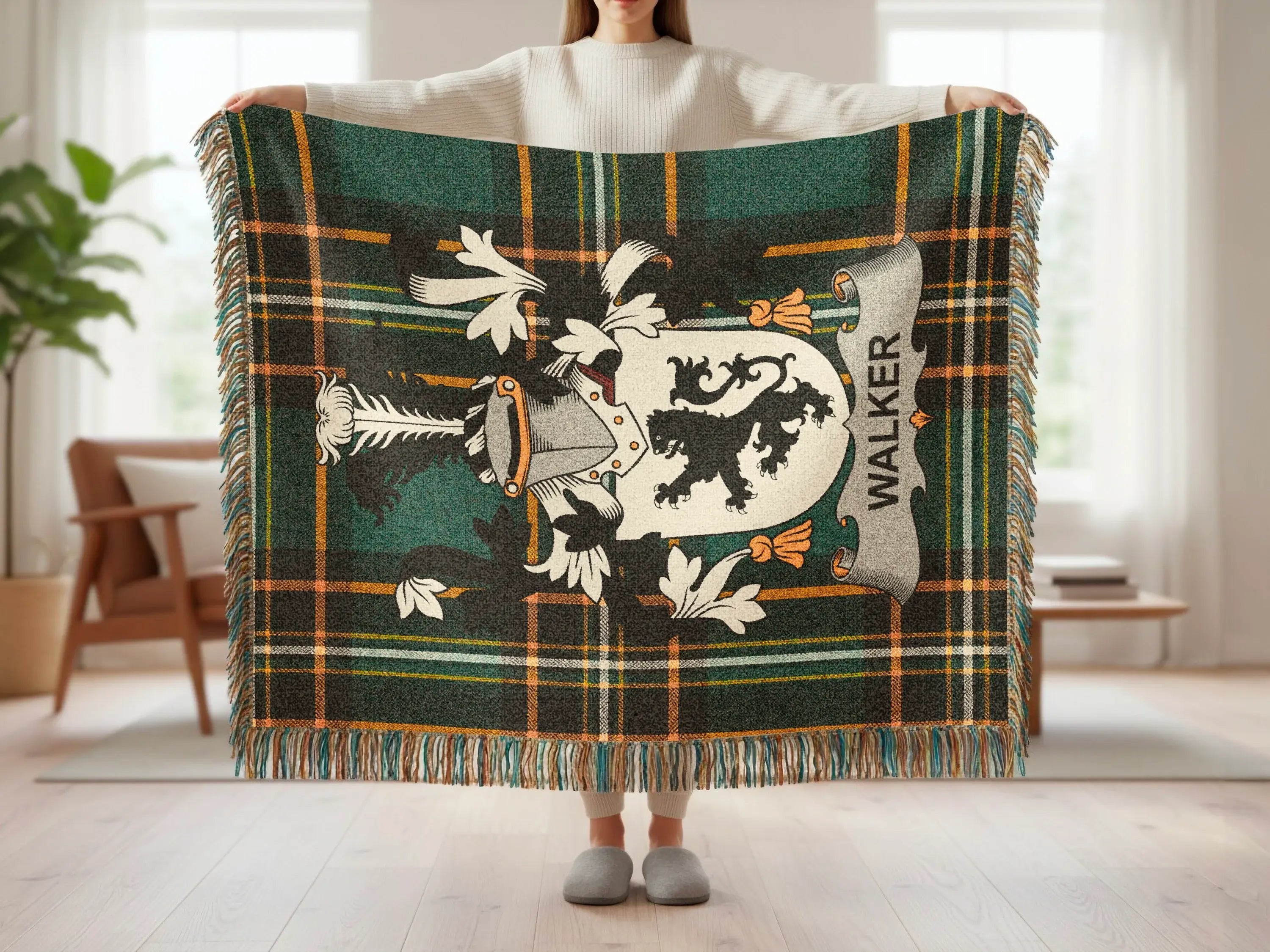 Tartan blanket with Walker crest and lion rampant.