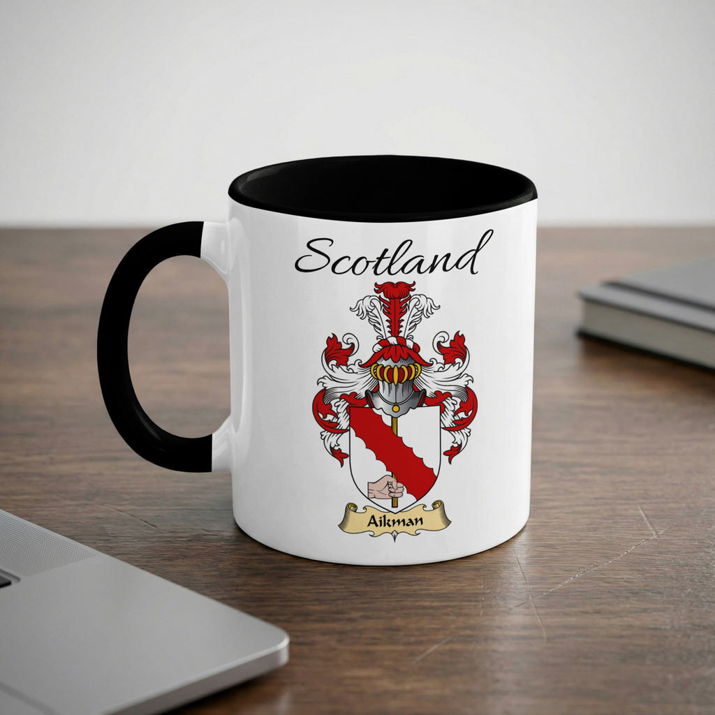 Aikman Scottish family crest accent mug with Scotland lettering and coat of arms artwork